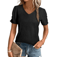 thumbnail image 1 of Top de Punto Texturizado de Color Liso con Mangas Abullonadas y Cuello en V, Negro, Talla XL, 1 of 5