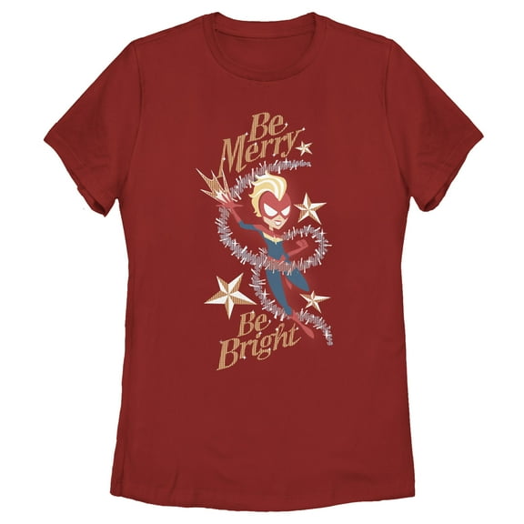 Women's Marvel Christmas Captain Marvel Merry & Bright  Graphic Tee Red Medium