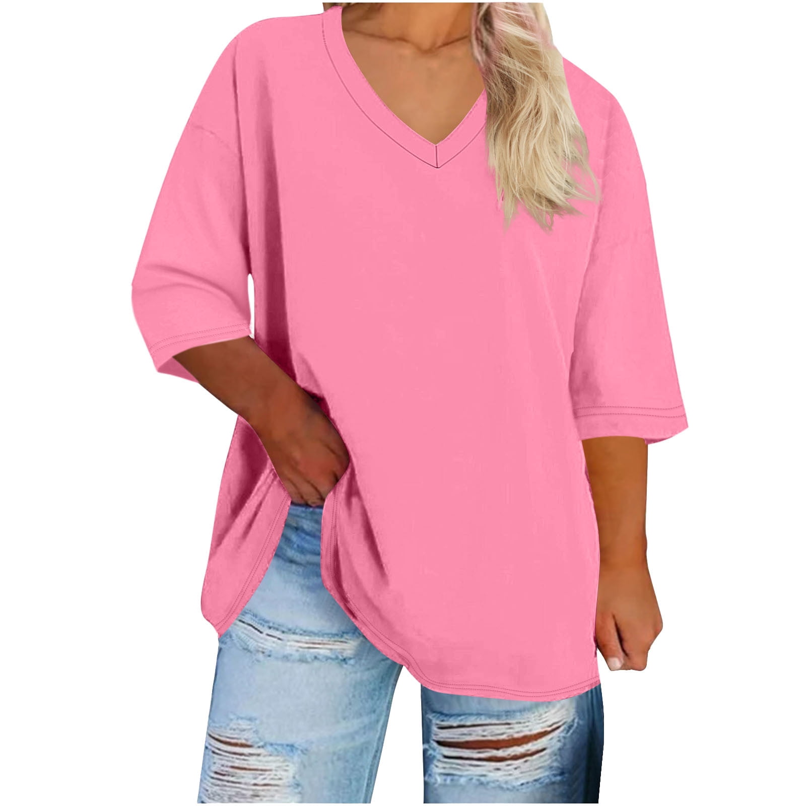 2 Pack 3/4 Sleeve Tops for Women Plus Size XL-5X V Neck T Shirts Womens Casual Solid Color Loose Pullover Breathable Basic Athletic Workout Tees Top