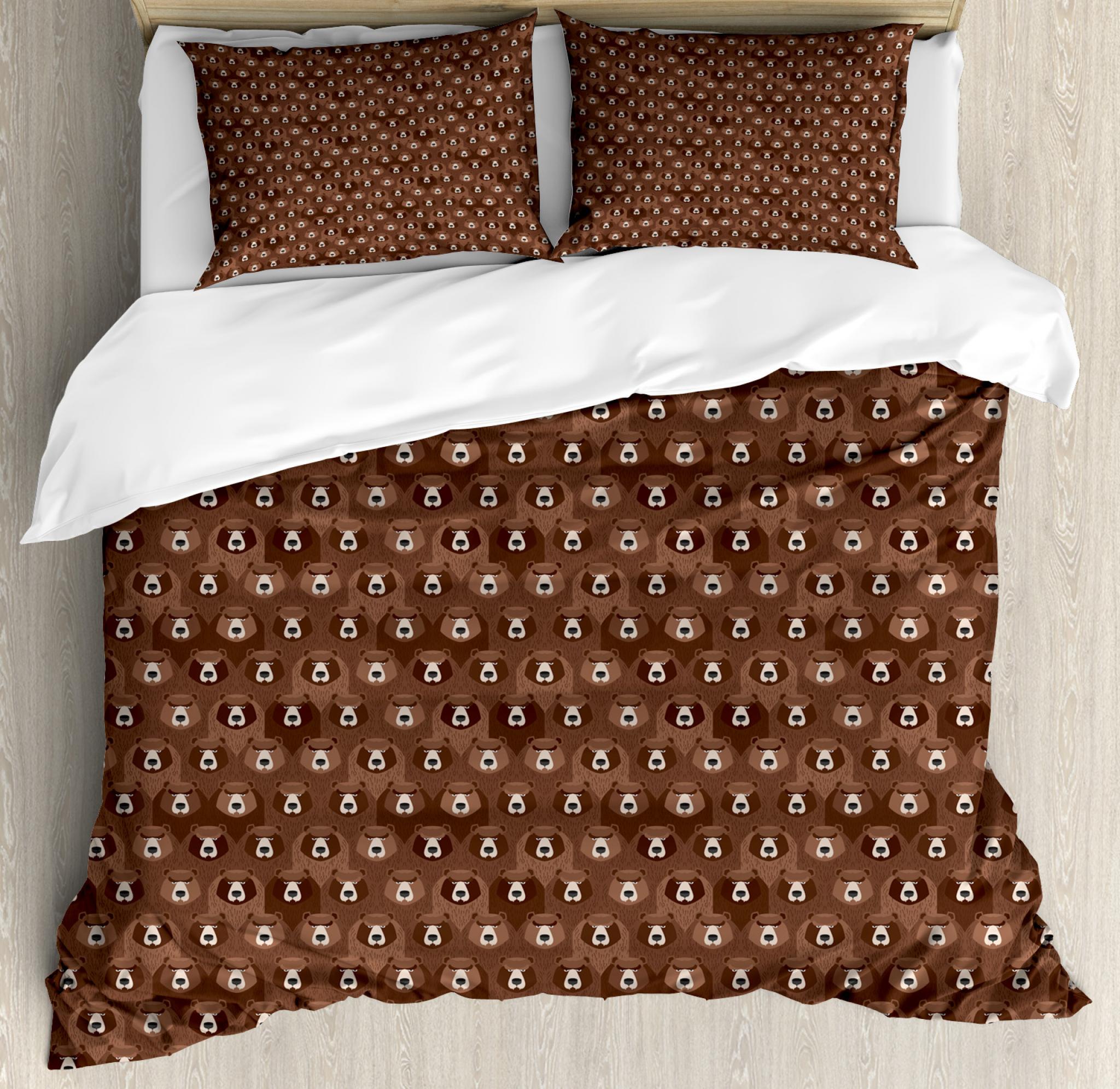 Bear Duvet Cover Set King Size, Forest Animals Concept Flock of Big