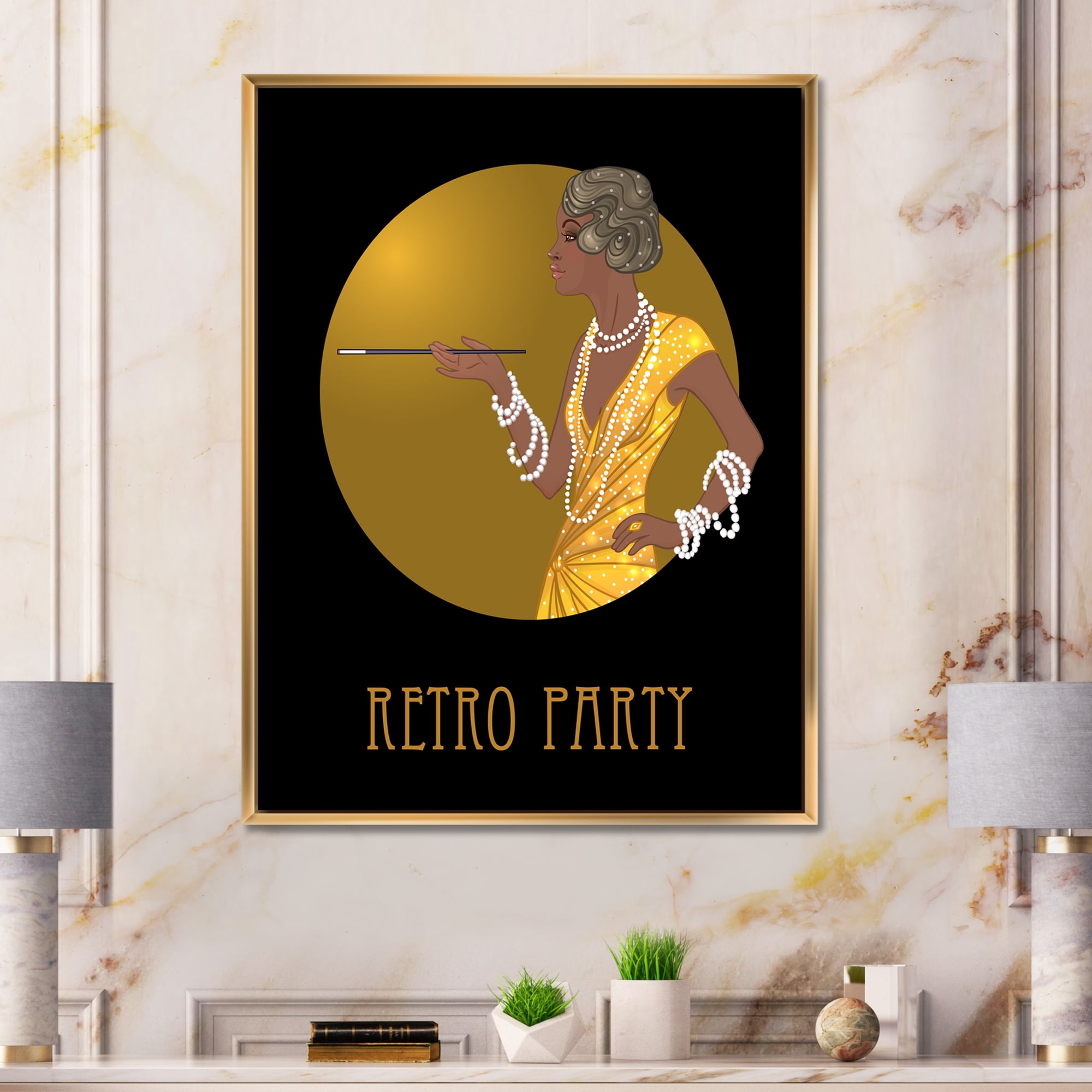 Designart 'Retro Fashion Glamour Afro American Woman' Modern Framed Canvas Wall Art Print