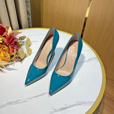 

YCNYCHCHY New Elegant Big Size Blue Black Patent Leather High Heels Sexy Pointed Toe Women Office Work Pumps For Wedding Party Shoes