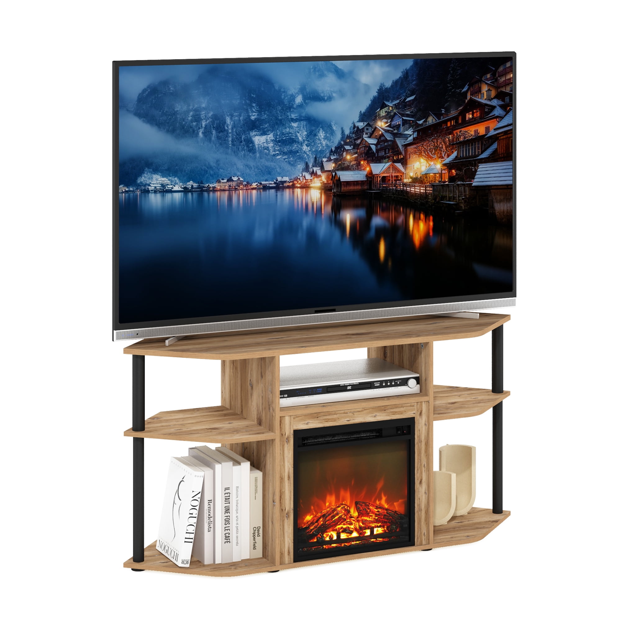 Furinno Jensen Open Storage Corner Fireplace TV Entertainment Center with Plastic Poles for TV up to 55 Inch, Flagstaff Oak/Black