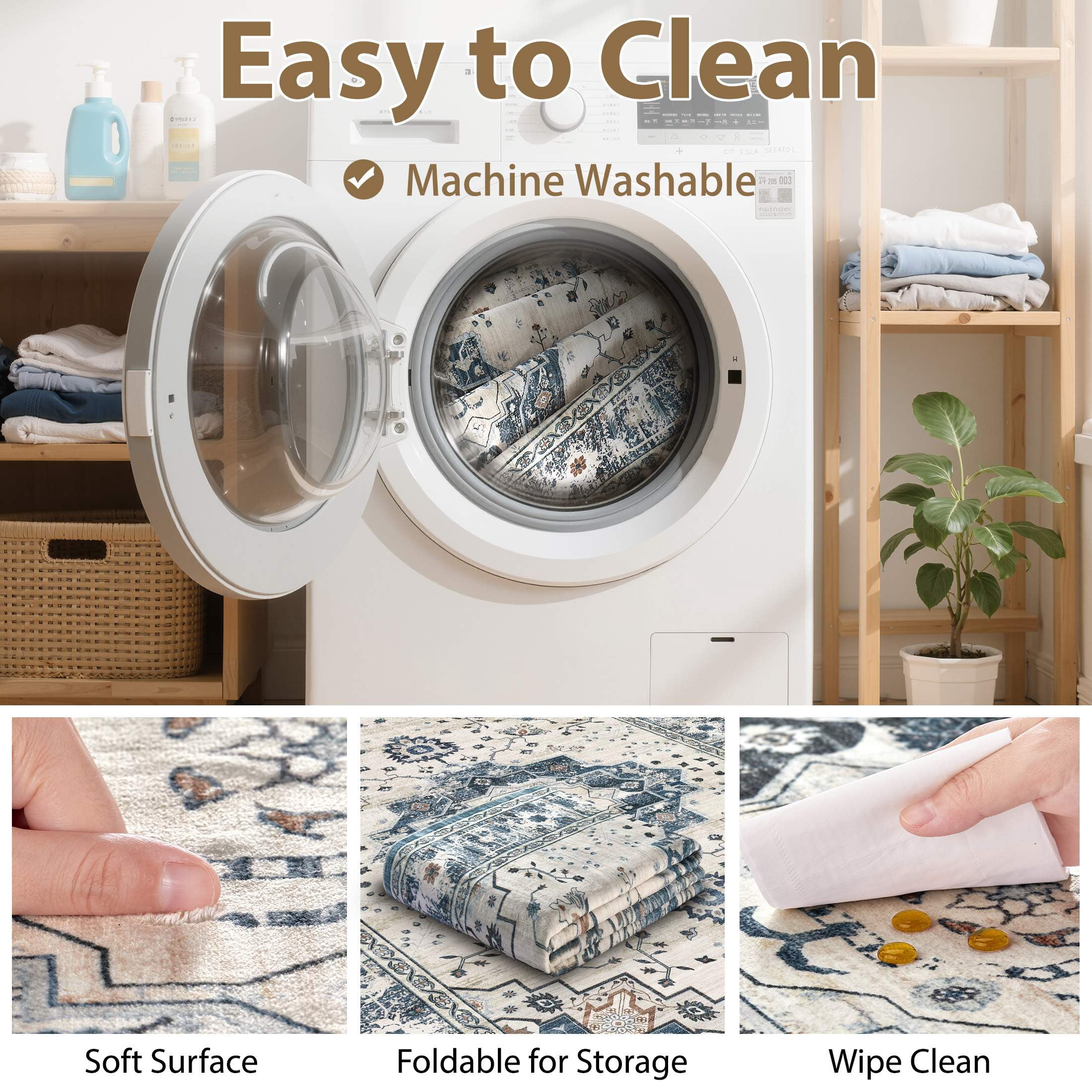 Uermei 3'x5' Washable Area Rug: Soft Non-Slip Indoor Floor Rug for Bedroom, Office, Dining Room, Entryway, Stain-Resistant Door Mat Throw Carpet for Laundry Foyer - Blue