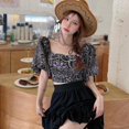 thumbnail image 3 of Ladies Korean Retro Printed One-shoulder Slim Navel Puff Short Sleeve Shirt Topwoner One Size, 3 of 10