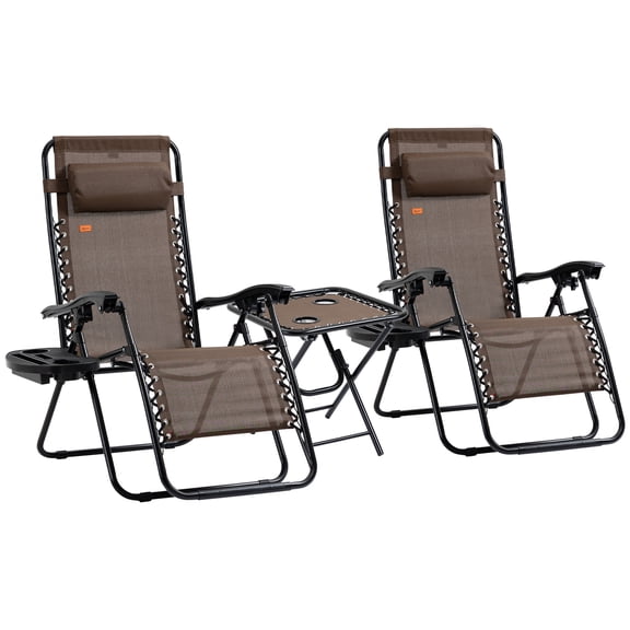 Chair Set with Side Table, Folding Reclining Chair with Cupholders & Pillows, Adjustable Lounge Chair for Pool, Backyard, Lawn, Beach, Brown