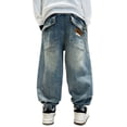 thumbnail image 1 of Boys' Baggy Jeans Straight Leg Jeans With Pockets Elastic Waist Distressed Ripped Denim Pants With Holes，, 1 of 5