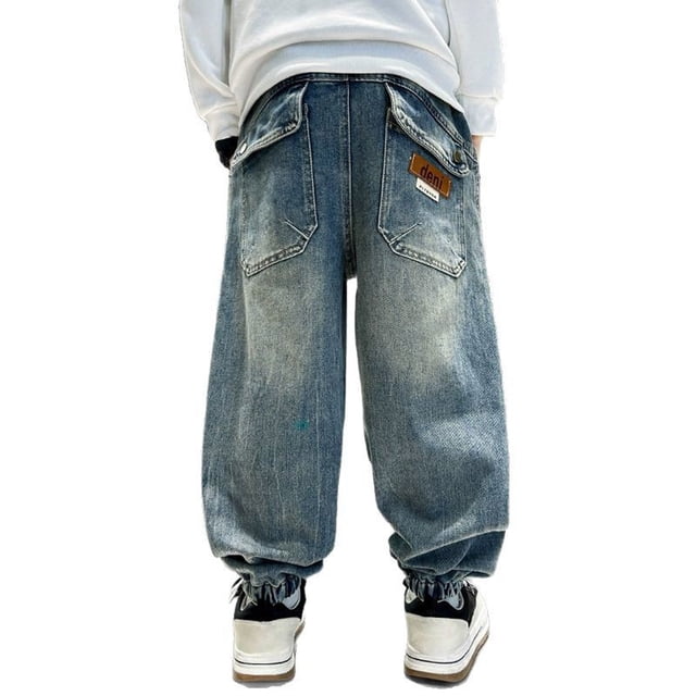 Boys' Baggy Jeans Straight Leg Jeans With Pockets Elastic Waist Distressed Ripped Denim Pants With Holes,