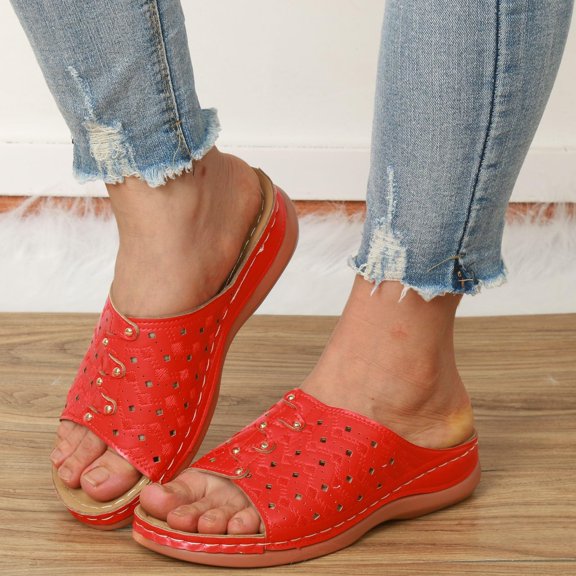 UDAUDU Women's Sandals Slides Wedge Open Toe Thick Sole Lightweight Slip Resistant Cozy Roman Style Beach Sandal Summer Walking Shoes Red 9 Wide