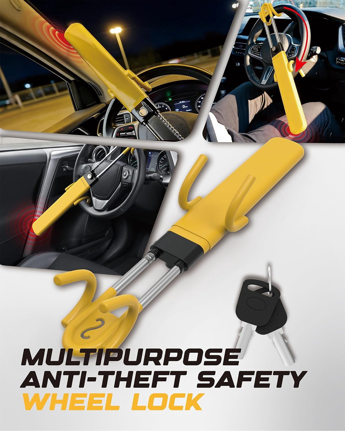 RETRUE Steering Wheel Lock – Heavy Duty Anti-Theft Car Lock with Dual Hook Adjustable Bar, High-Visibility Yellow Rubber Coating with Reinforced Steel, Fits 6–11 in Steering Wheels (Yellow