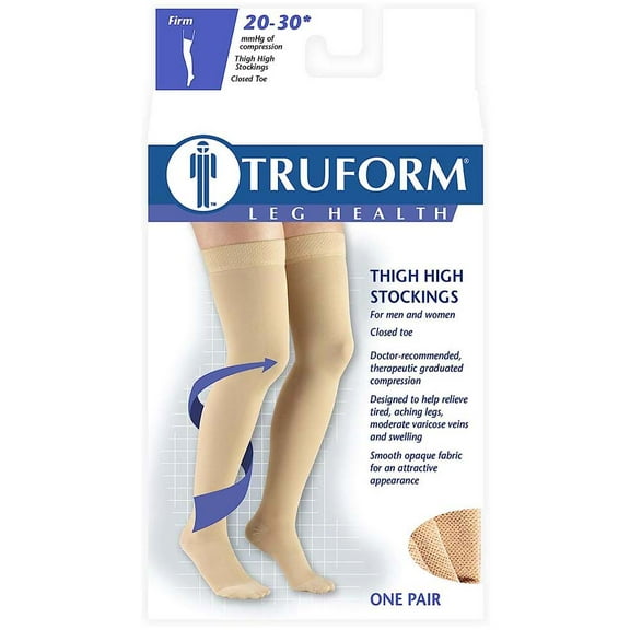 Truform 20-30 mmHg Compression Stockings for Men and Women, Thigh High Length, Dot Top, Closed Toe, Beige - Large