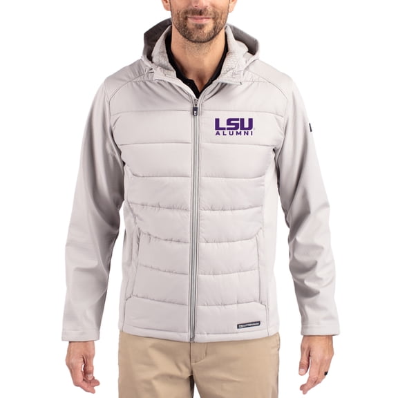 Men's Cutter & Buck Gray LSU Tigers Evoke Hybrid Eco Softshell Recycled Full Zip Hooded Jacket