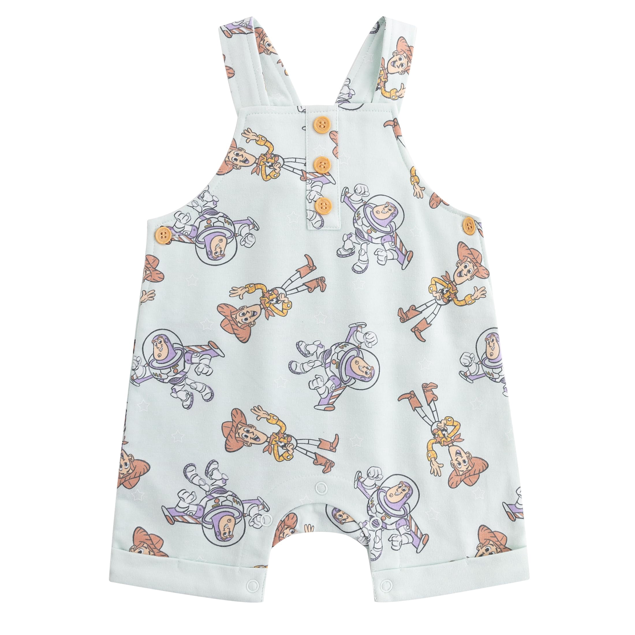 Disney Toy Story Shortall French Terry Overalls Bodysuit and Bucket Hat (Baby Boys), 3 Piece Set, Sizes 3M-18M