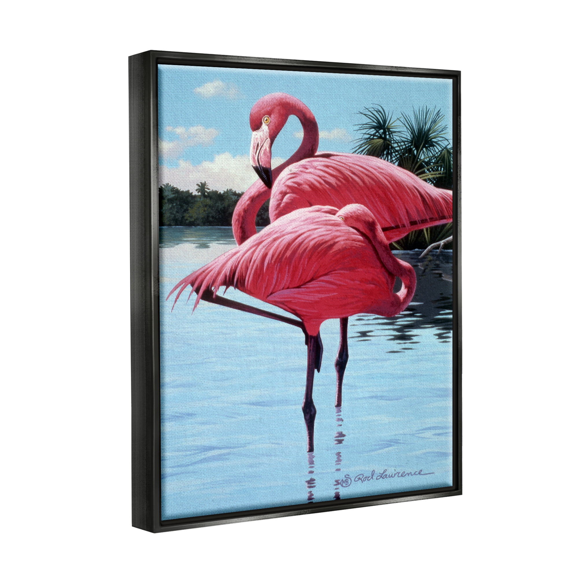 Stupell Industries Flamingos Balancing on Shore Animals & Insects Painting Black Floater Framed Canvas Art Print Wall Art, 17 x 21
