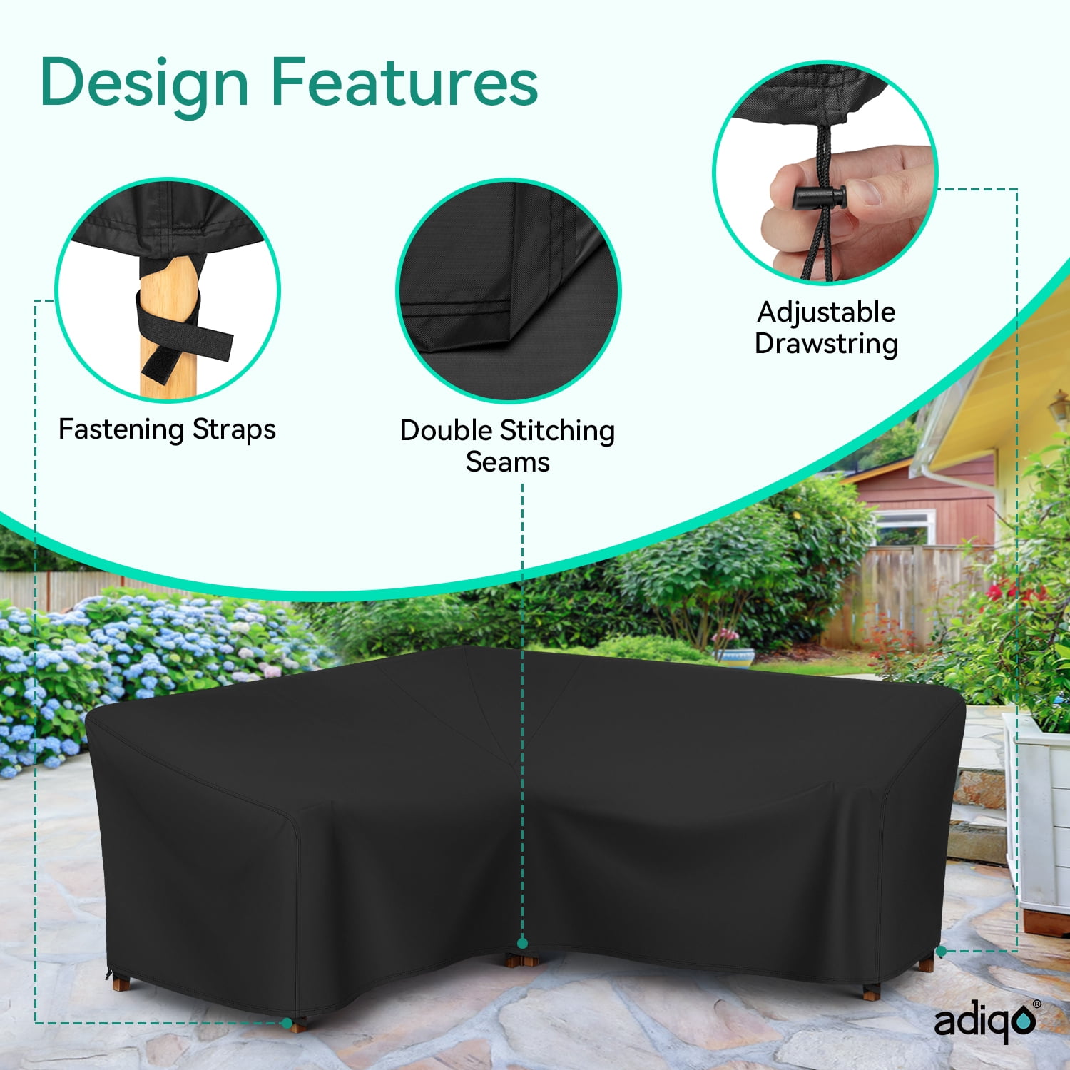 Adiqo Waterproof Patio Sectional Sofa Cover V-Shaped 5-Seater, Outdoor Couch Furniture Cover, 85" x 85" x 34" x 32"H, Black