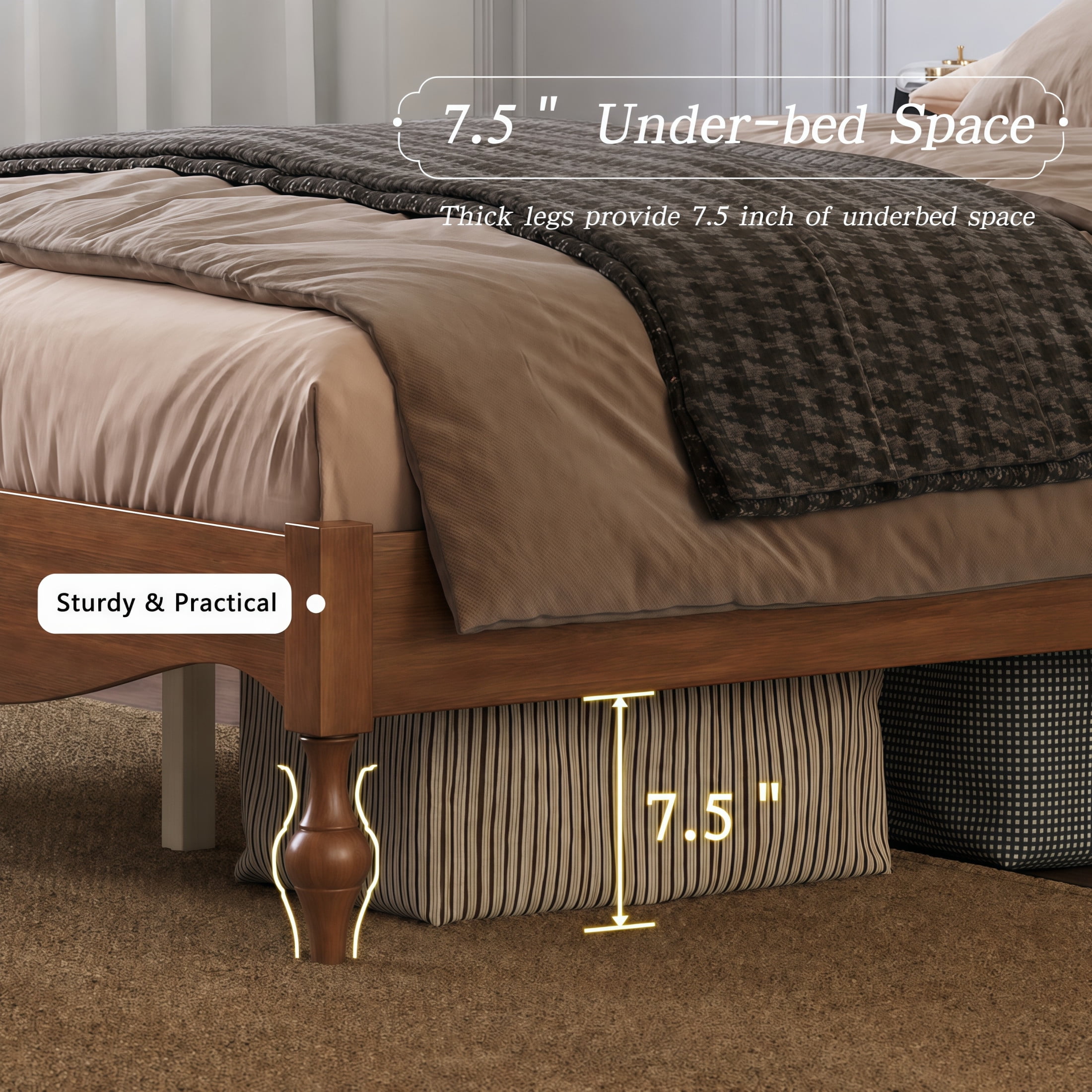 Noble House Carola Full Wooden Platform Bed Frame, Traditional Arched Headboard Vintage Design, Light Walnut