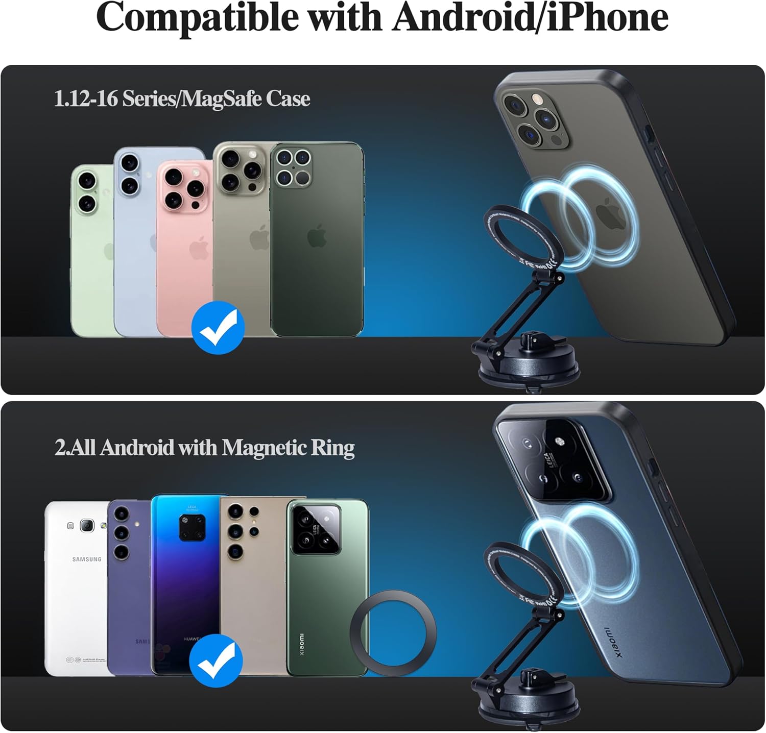 FHDFHD for MagSafe Car Mount Magnetic Phone Holder 360°Rotation Suction Cup Phone Mount for Car Foldable Adjustable Stable Cradle Compatible with iPhone 17/16/15/14/13/12 Series Android