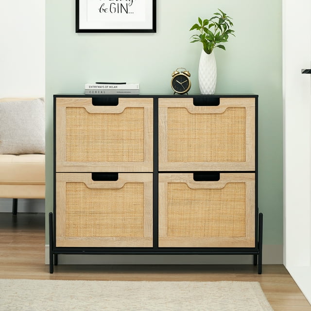 ChaoLink Mueble para zapatos de ratán natural con 4 puertas abatibles, organizador independiente de madera con 3 niveles para almacenar zapatos