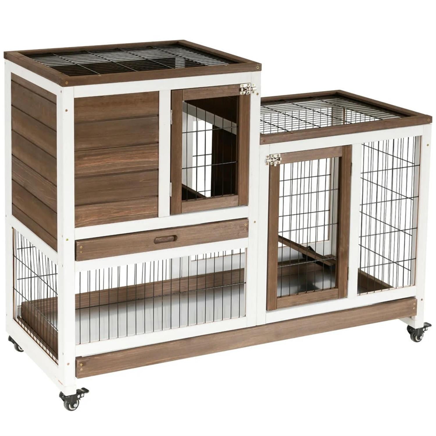 Kadyn 43" 2-tier Wooden Rabbit Hutch with Wheels and Slide-out Tray, Outdoor Small Animal Habitat Chicken Coop Bunny Cage for Bunnies, Guinea Pigs, Brown