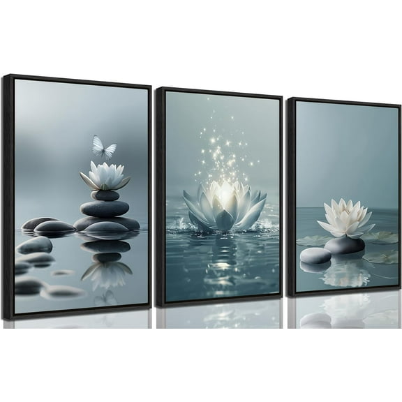 Zen Stones Lotus Spa Canvas Wall Art White Lotus Blooming on Stones Painting Picture Wall Decor Modern Spiritual Poster Print Artwork for Yoga Meditation Spiritual Room Bathroom Home Decoration