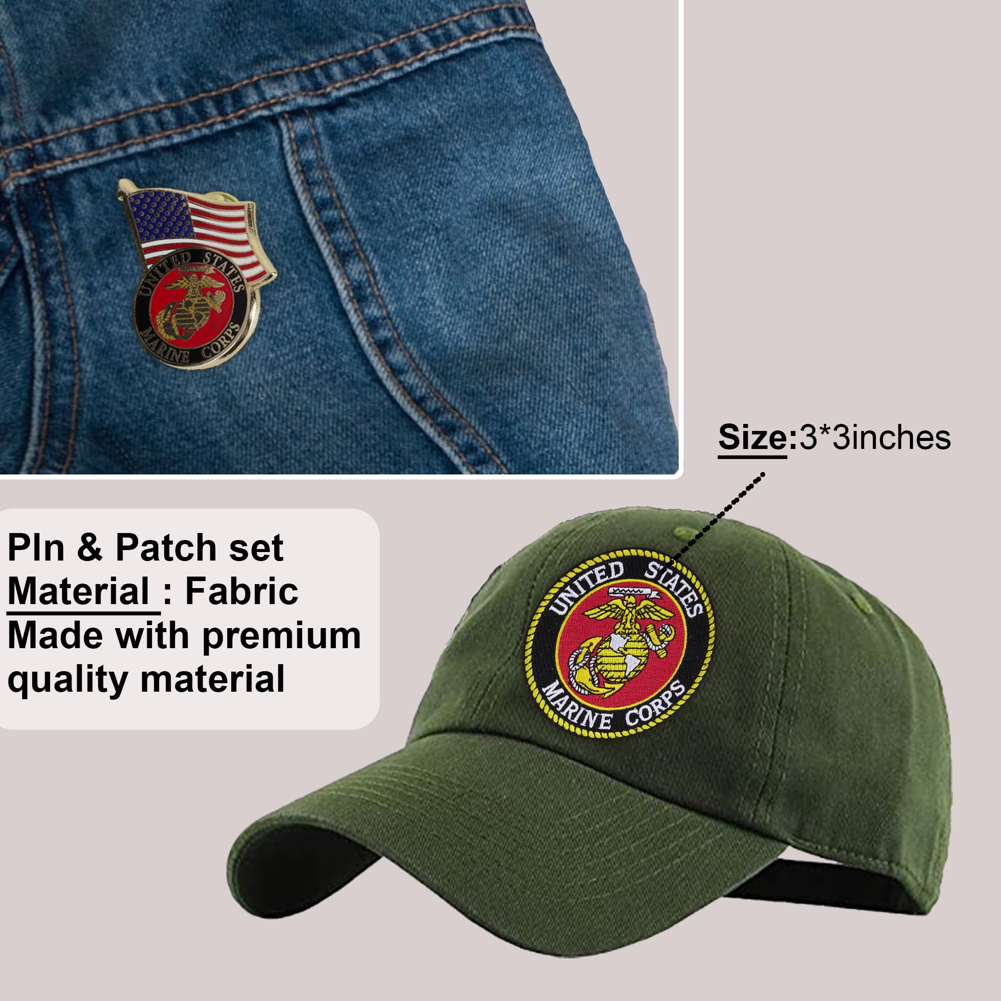 Trendy Zone 21 United States Marine Corps Pin & Patch Set Patriotic Embroidered US Marine Corps Patch and Pin Can be Used on Uniforms, Hats, Backpacks, Jackets, Pants, & Accessories (1 Patch & 3 Pin)