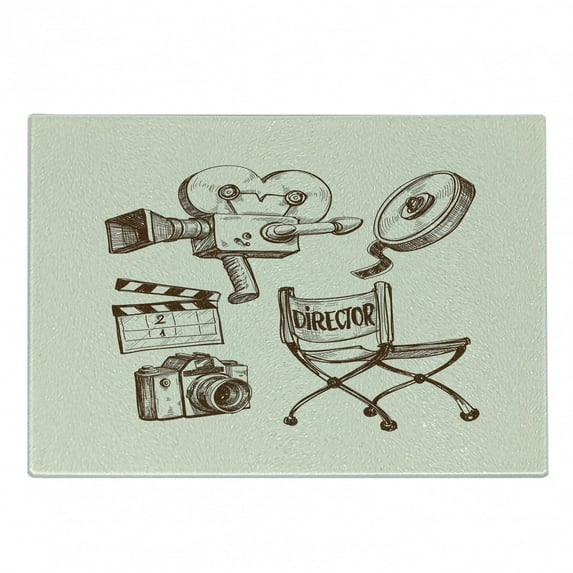 Movie Theater Cutting Board, Photography and Cinema Vintage Set in Sketch Art Style Director Shooting, Decorative Tempered Glass Cutting and Serving Board, Small Size, Beige Brown, by Ambesonne