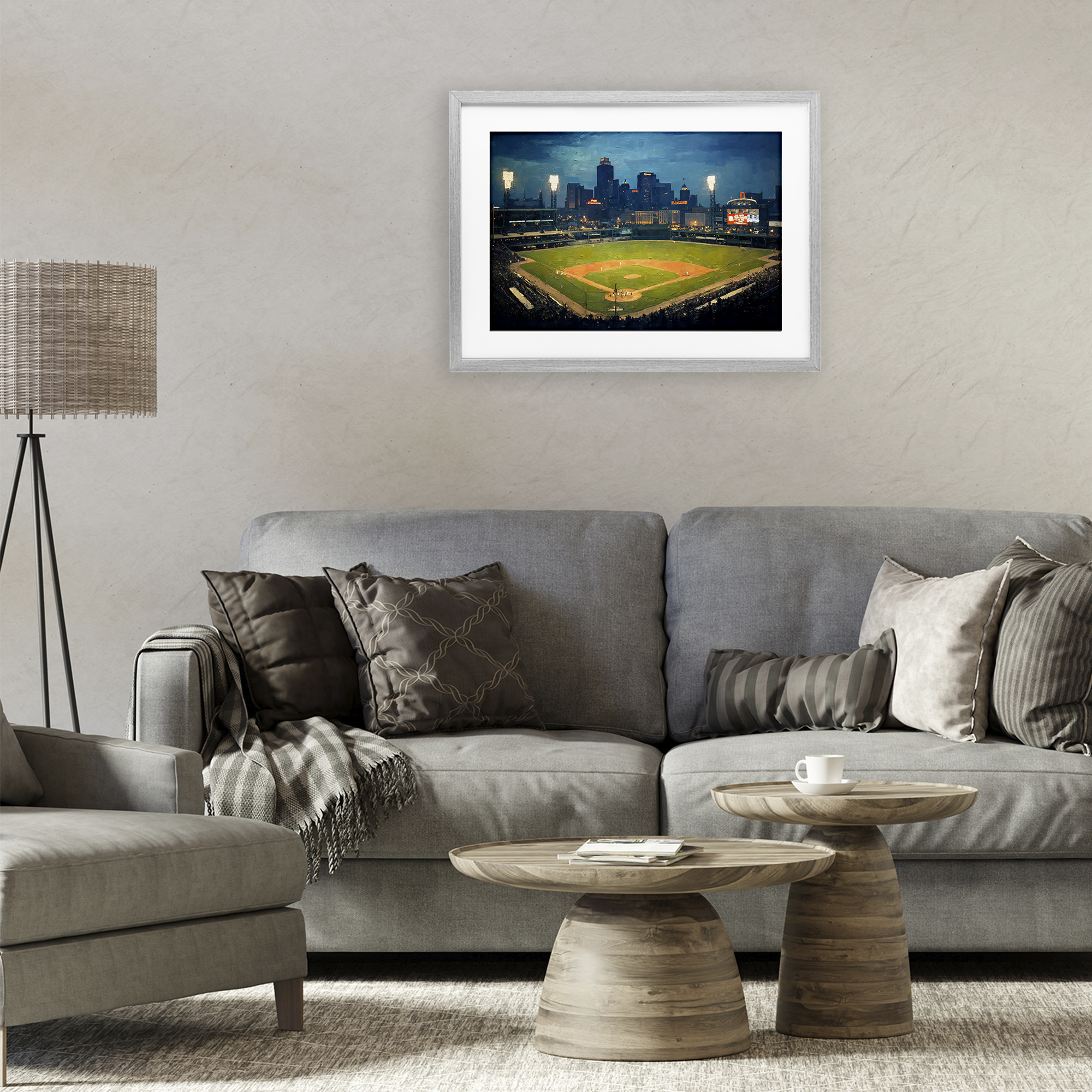 Baseball Stadium at Night Gray Framed Print Under Glass, design by Arlington Prints
