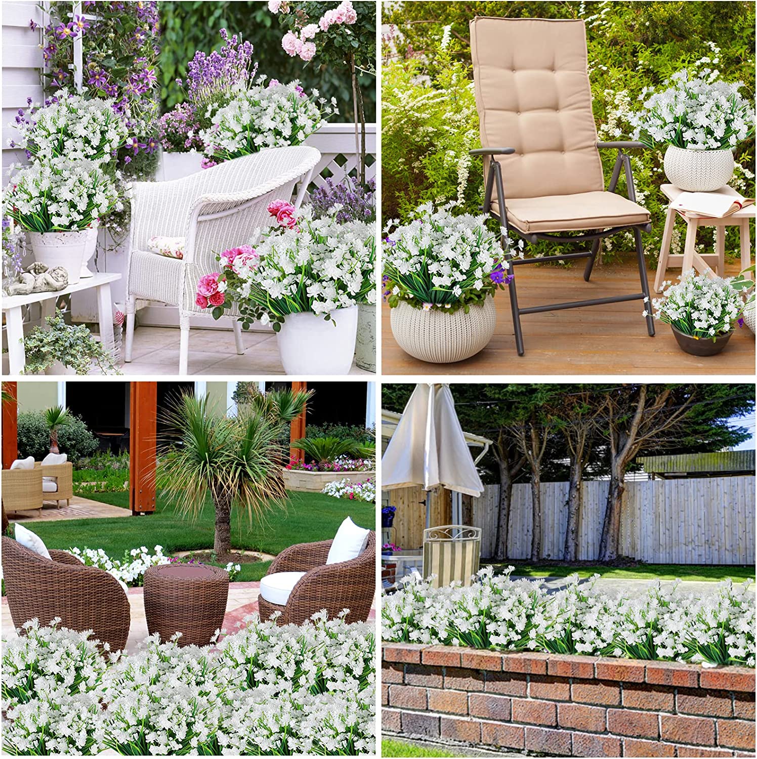 Morttic Artificial Flowers for Outdoors Plastic UV Resistant Faux Flowers Decoration Greenery Garden Shrubs，Bulk Fake Flowers in Vase (White 4pcs)