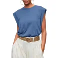 thumbnail image 1 of Camiseta de empalme de manga ultracorta para mujer, Tops holgados informales de Color liso, jersey de cuello redondo para mujer, 2024, 1 of 5