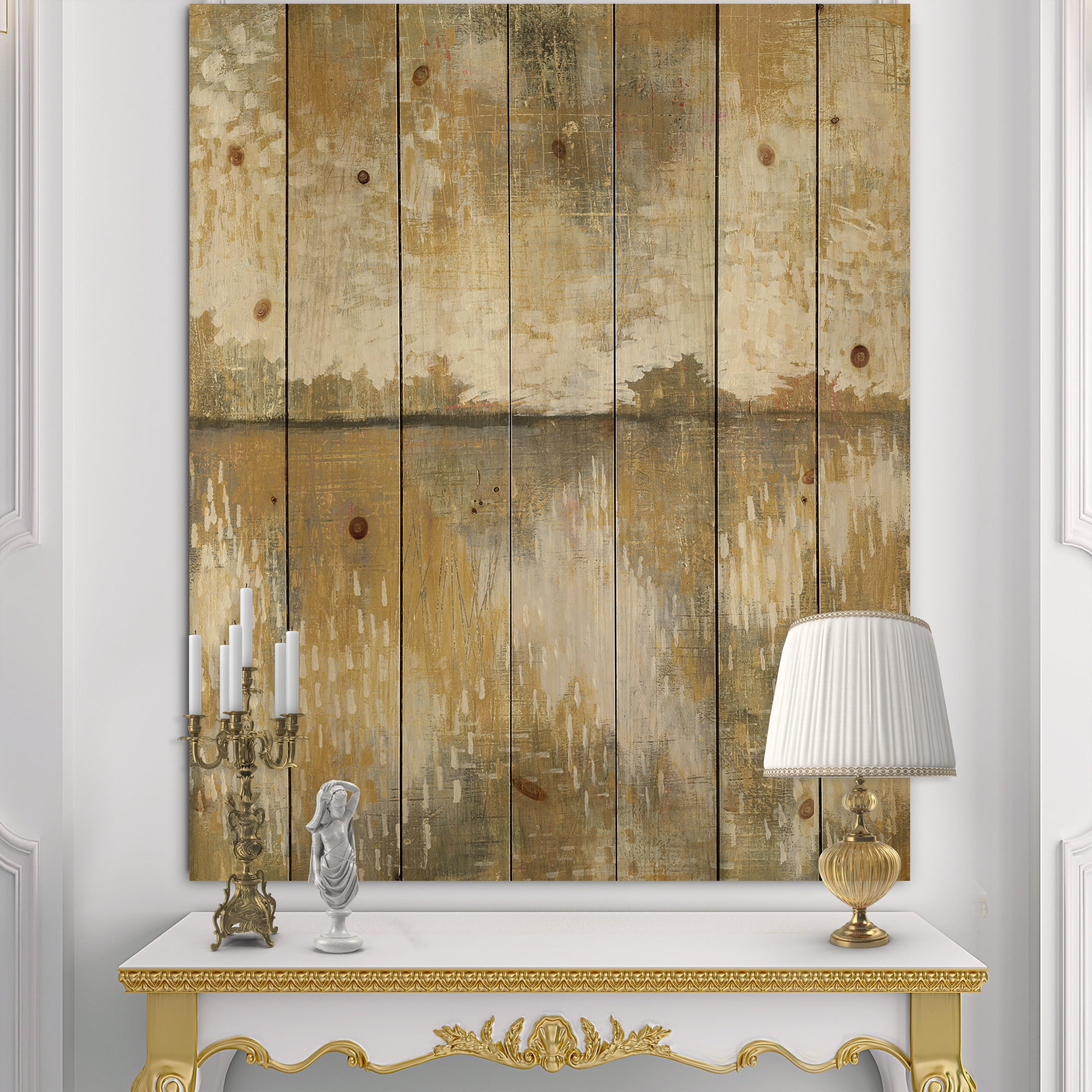 Designart 'Glam Brown and Cream Curious Sky' Modern Print on Natural Pine Wood