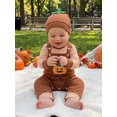 thumbnail image 5 of RUINIXCW Baby Boy Halloween Outfit Striped Crew Neck Long Sleeve Romper Pumpkin/Ghost Embroidery Overalls and Hat 3 Pcs Set, 5 of 9