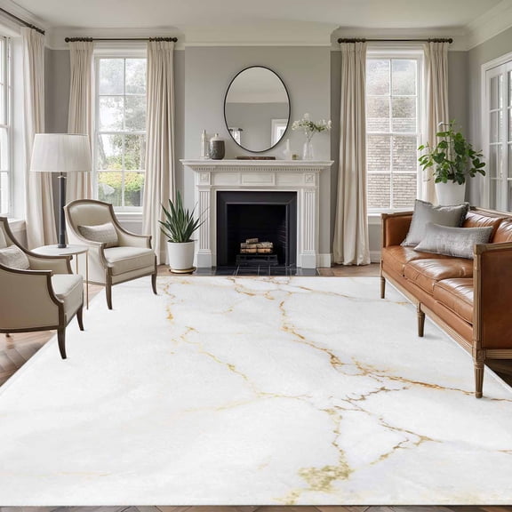Area Rug for Living Room, White Golden Marble Non-Slip Indoor Large Carpet for Bedroom/Dining Room, Modern Abstract Art Elegant Washable Low-Profile Rectangle Floor Runner Rugs - 6 x 9 Ft