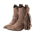 thumbnail image 3 of Tassel Cowgirl Boots for Women Boho Suede Pointed Toe Stacked Heel Mid Calf Dress Cowboy Booties, 3 of 8