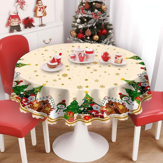 Eikione Round Christmas Tablecloth 60 Inch, Santa Claus Snowman Xmas Tree Champagne Tablecloth, Oil Proof Dining Table Cover for Party