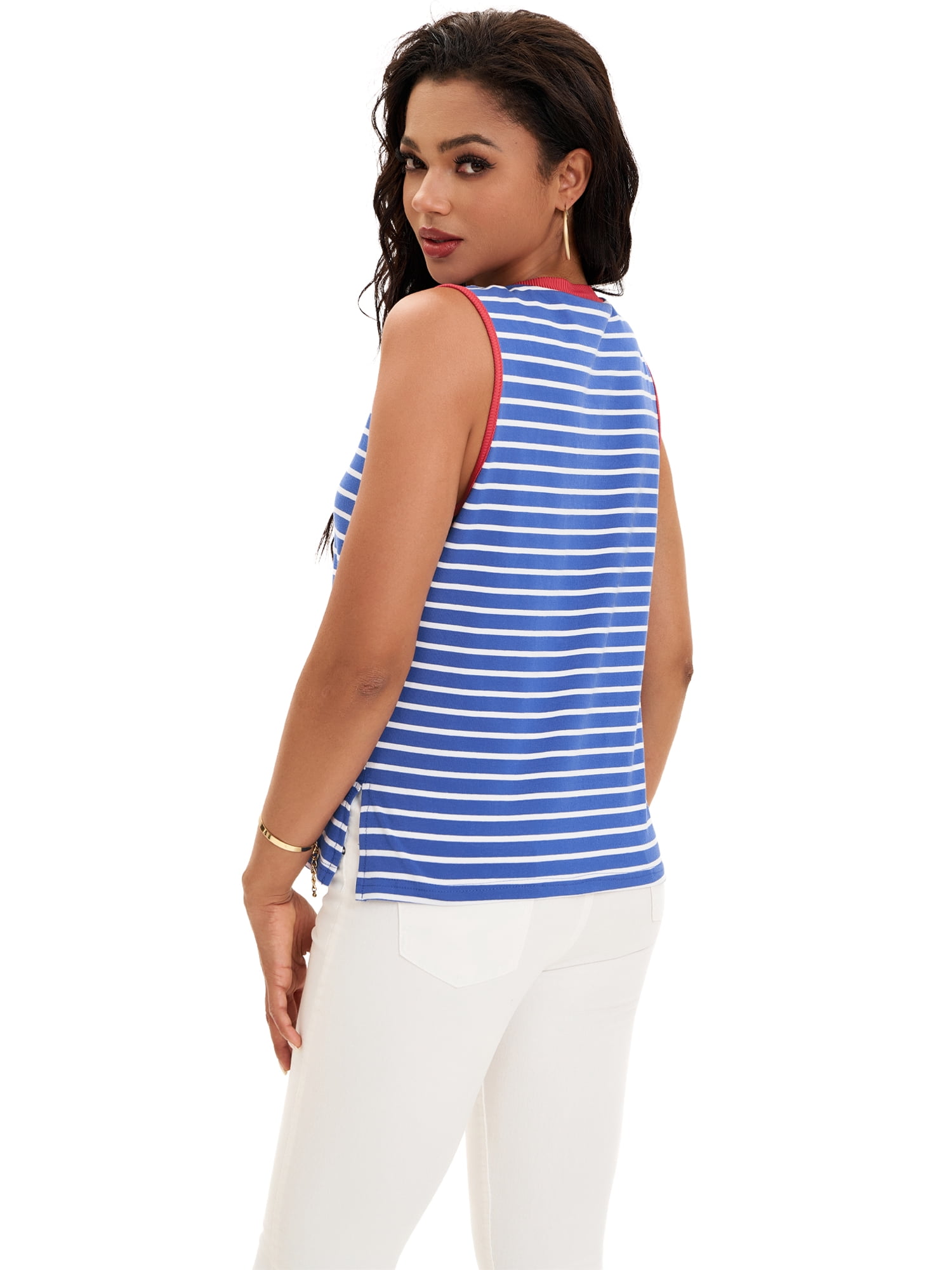 DARING DIVA Women's Striped Tank Top with Color Block XL Blue Red