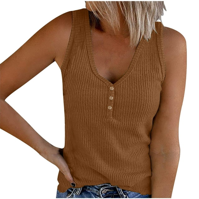 AherBiu Ribbed Tank Tops for Women 2024 Summer Knitted Slim Fitted Camis Stretchy Comfy Button V Neck Tops