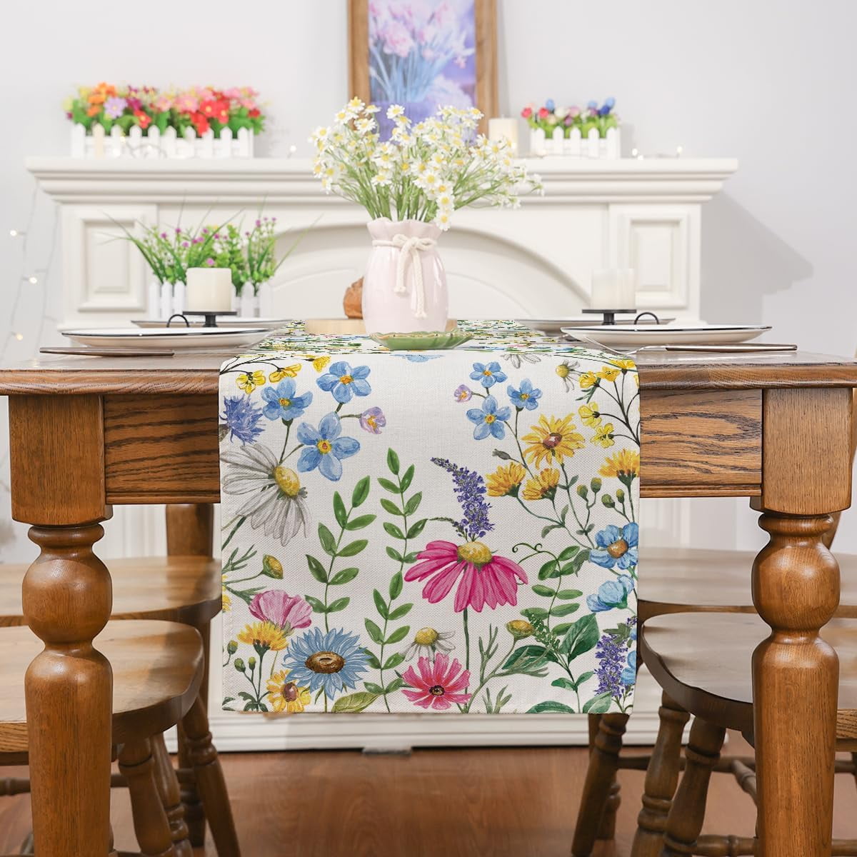 Spring Floral Table Runner - Wildflowers Butterfly Design | 13x72 Inch Farmhouse Kitchen Decor