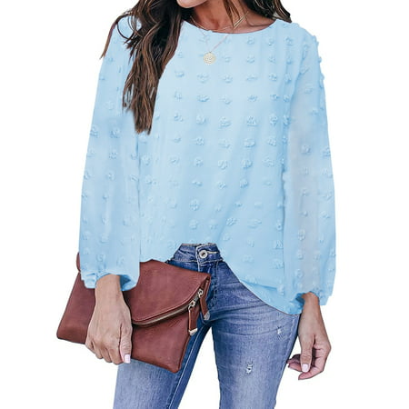 Dokotoo Womens Sky Blue Chiffon Blouses Casual Long Sleeve Pom Pom Shirts Top Size Medium US 8-10 | Walmart (US)