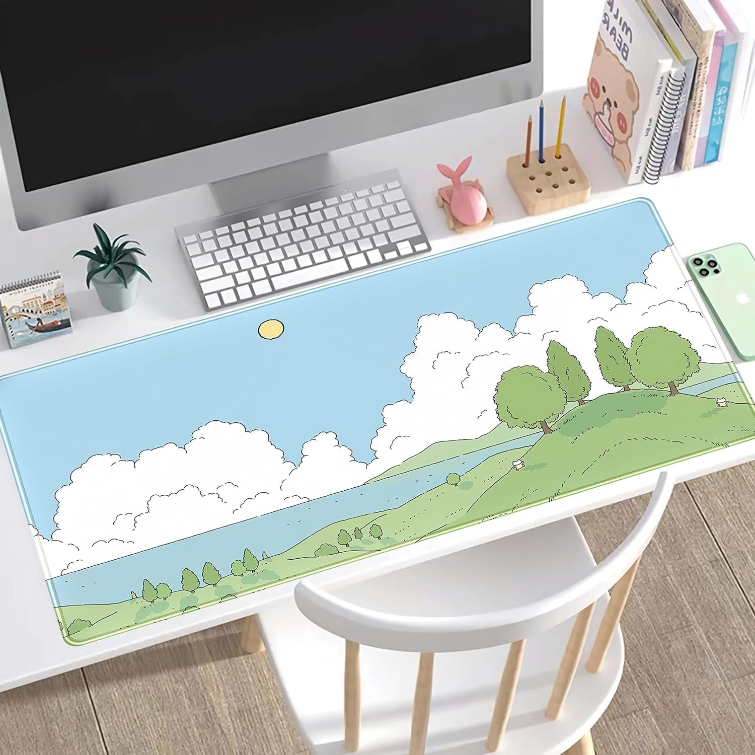 Cute Anime Desk Mat Kawaii Mousepad, Anime Street Aesthetics Desk Pad XXL, Japanese/Korean Lo-fi Drawing, Cute Green Blue Nature Mouse Pad Computer Keyboard Mat, Office Desk Pad Protector