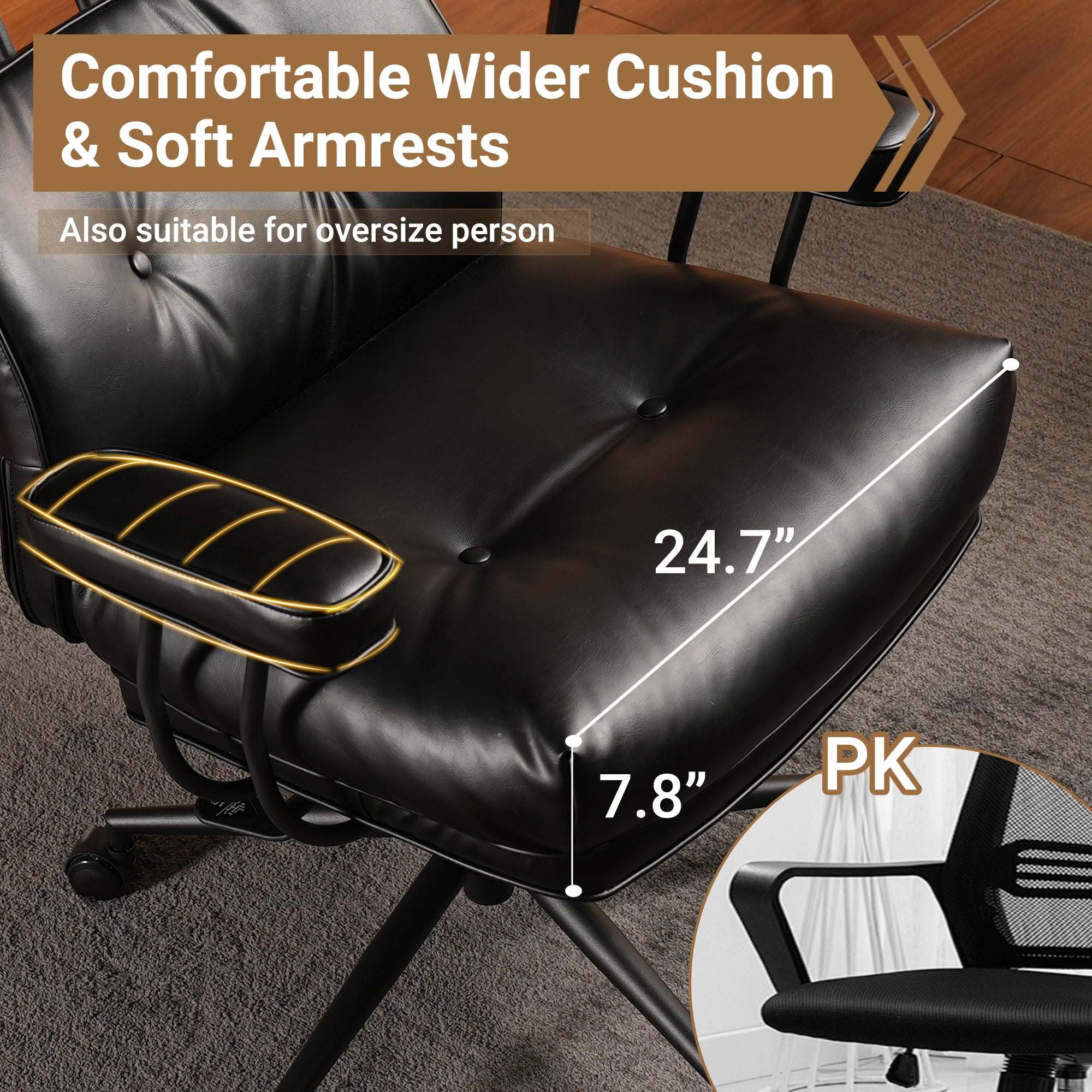 Ovios PU Leather Office Chair High Back Ergonomic Desk Chair with Lumbar Support Mid-Century Executive Computer Chair with Wheels for Home Office, Black