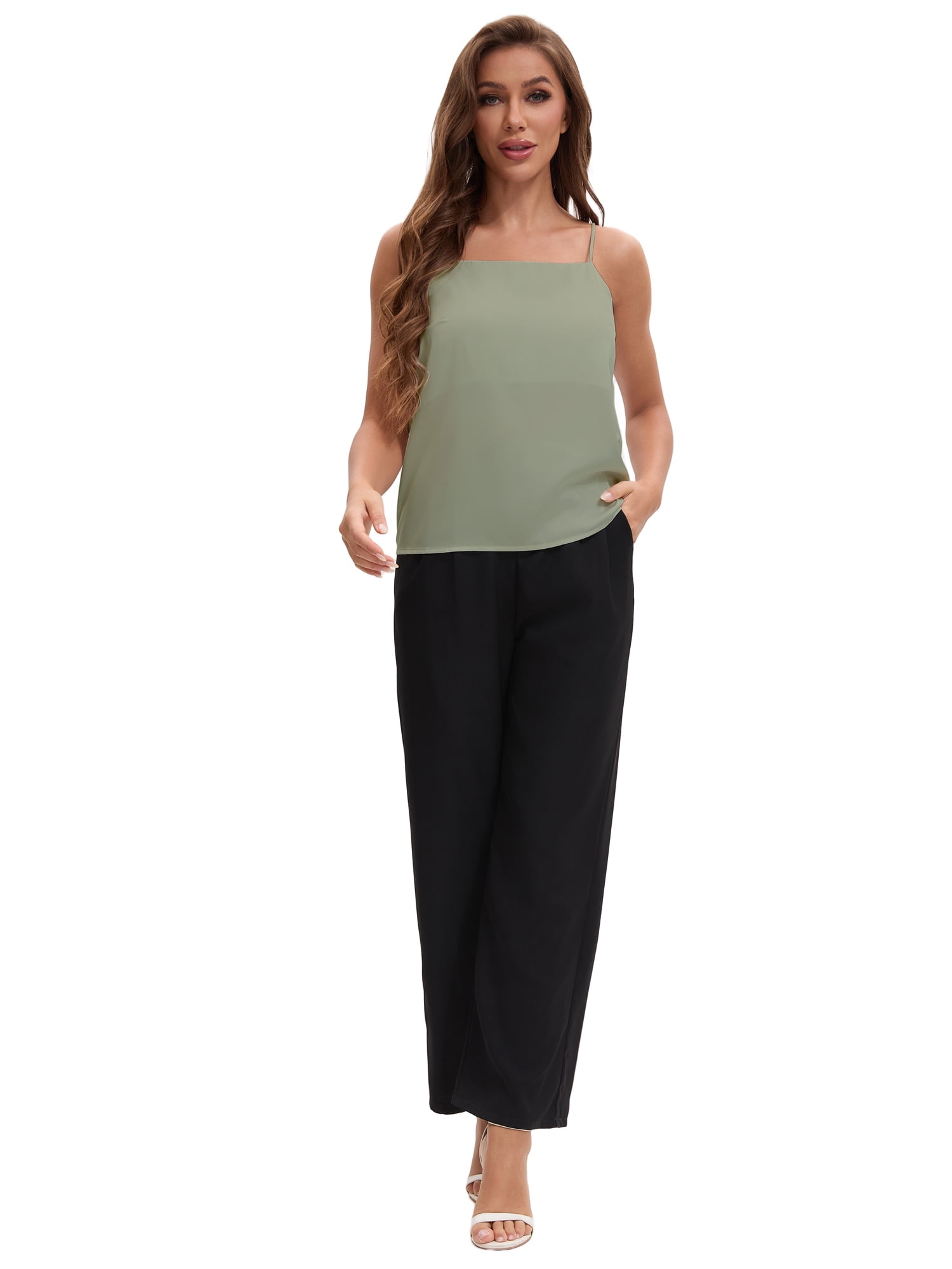 Unique Bargains Women's V Neck Wide Strap Loose Fit Camisoles M Light Green