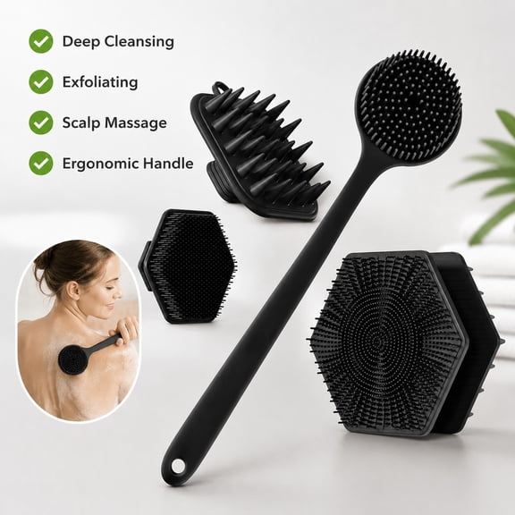 Silicone Bath Brush Set, Exfoliating Body Scrub and Massage Brush for Shower, 4-Piece Double-Sided Cleansing Kit
