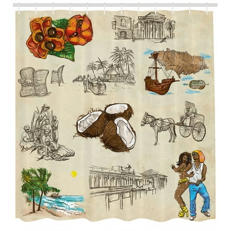 Jamaican Shower Curtain Hand Drawn Illustrations Of Elements From