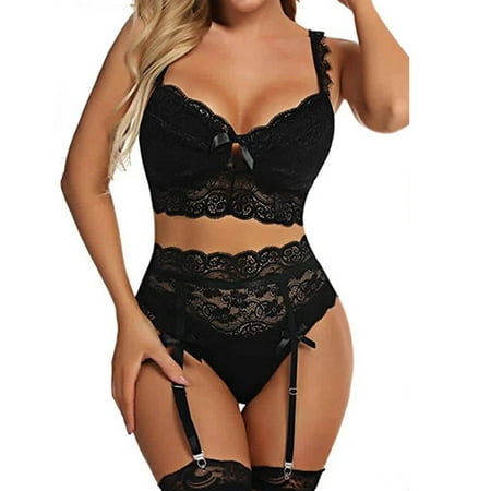 

NECHOLOGY Womens Sexy Lingerie with Garter And Stockings Women Sexy Sheer Floral Lace Pajamas Lingerie Set High plus Size Lingerie Underwear Black XX-Large