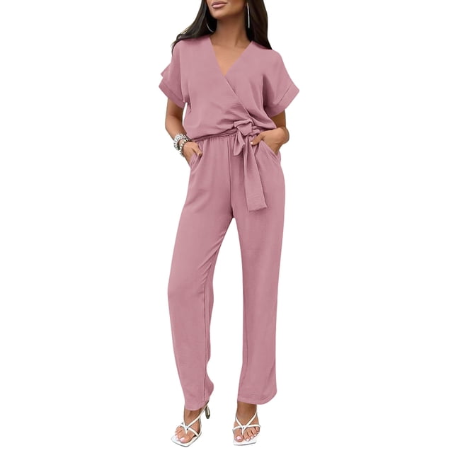 Mono PRETTYGARDEN para Mujer Rosa con Cruzado, Cuello en V y Cinturón XXL