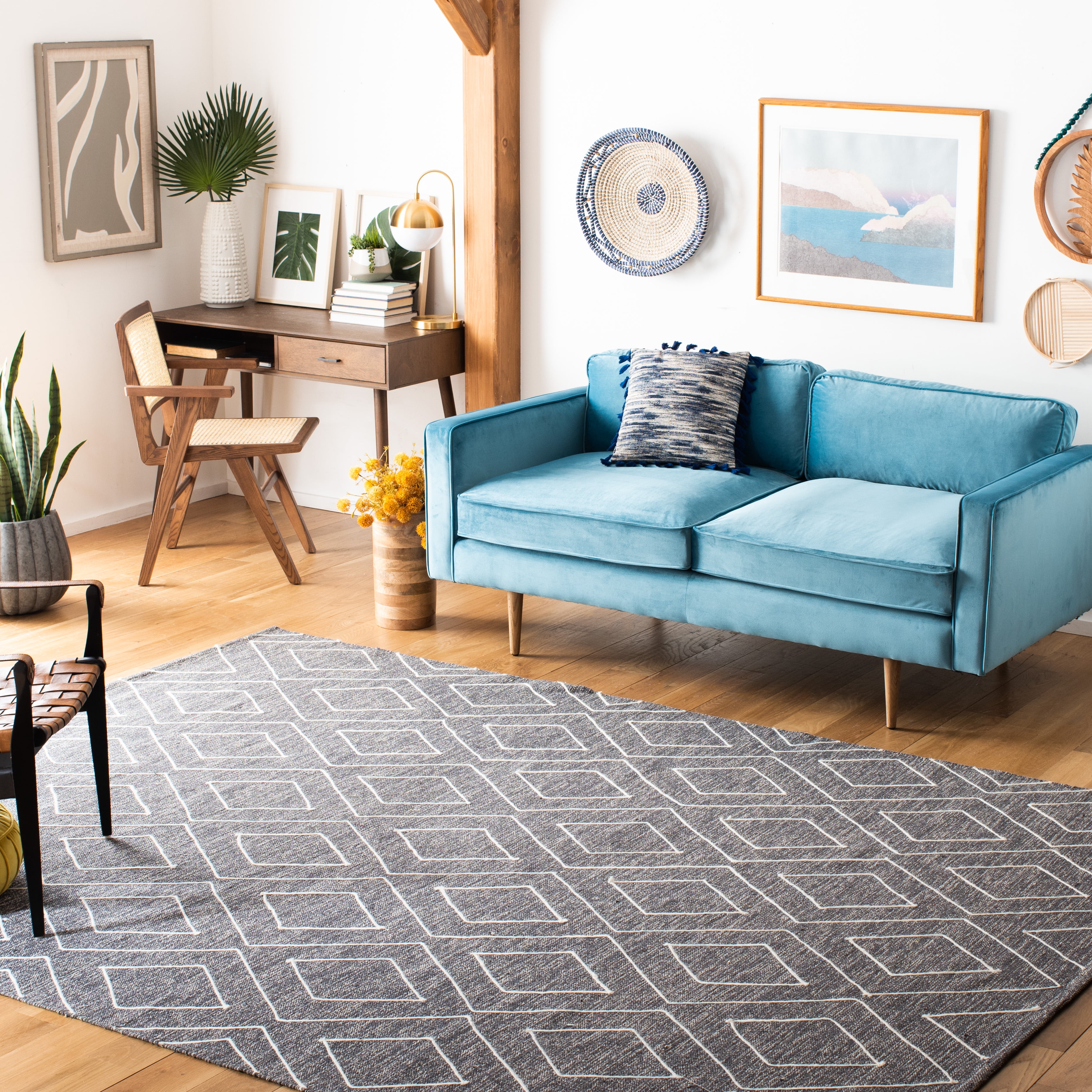 SAFAVIEH Striped Kilim Dev Diamond Area Rug, Dark Grey, 7' x 7' Square