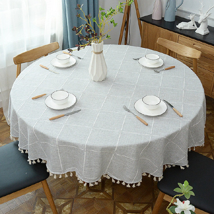 Gray Linen Round Plaid Tablecloth With Tassel, Table Cover for Kitchen