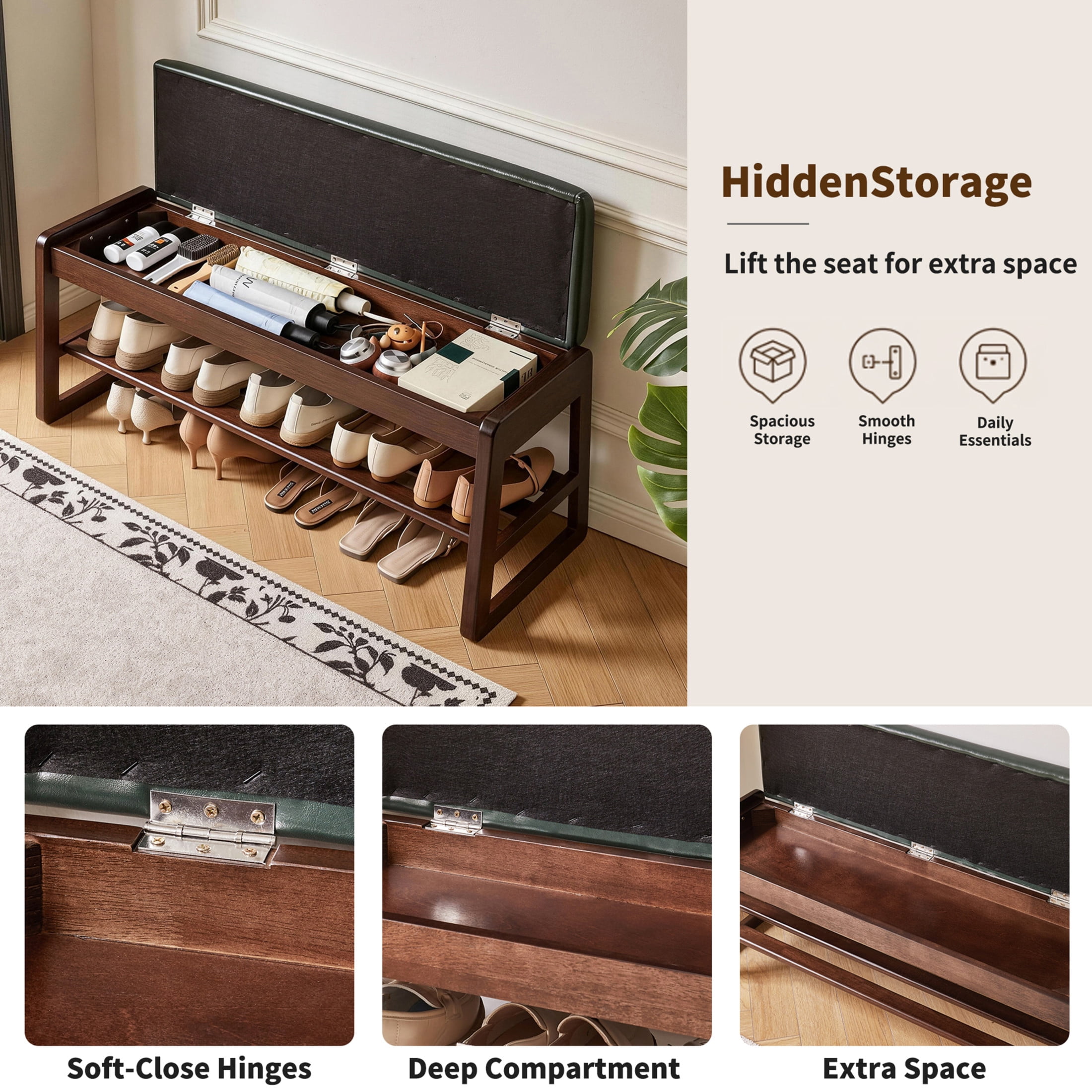 Noble House 39.37" Shoe Storage Bench with Lift-Top Seat, Upholstered Bench with Shoe Shelves, Green
