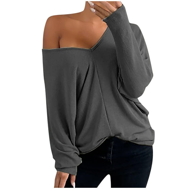 FAIWAD Womens Long Sleeve Tunic Top Long Sleeve V Neck Solid Color Pullover Top Plus Size Casual Basic Top
