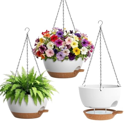 Self Watering Hanging Planters, 10 INCH, Set of 3 - Indoor/Outdoor, with Drainage & Removable Tray, White